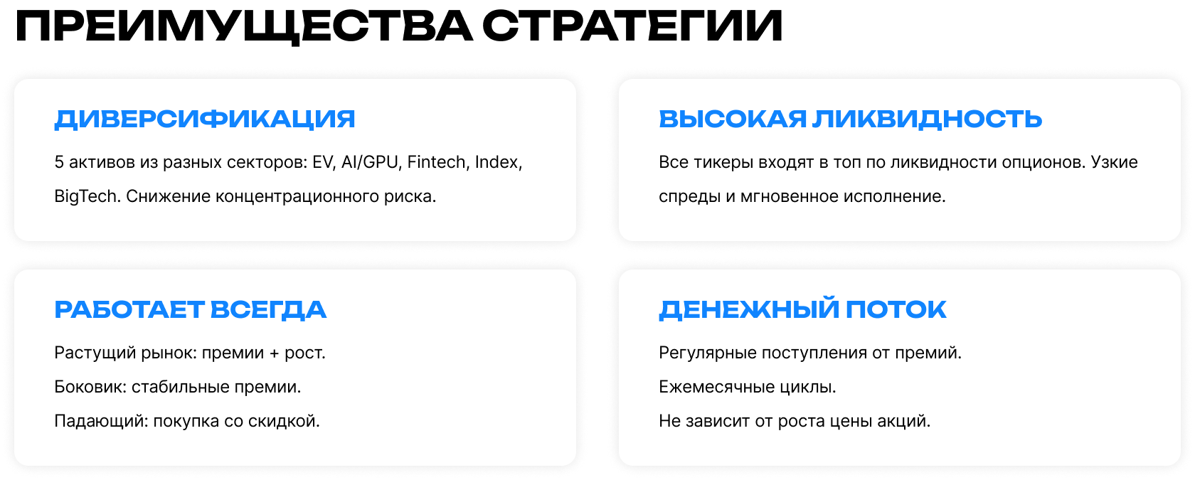 Преимущества Wheel-стратегии – диверсификация по 5 активам из разных секторов, высокая ликвидность опционов, работает в любых рыночных условиях, регулярный денежный поток.