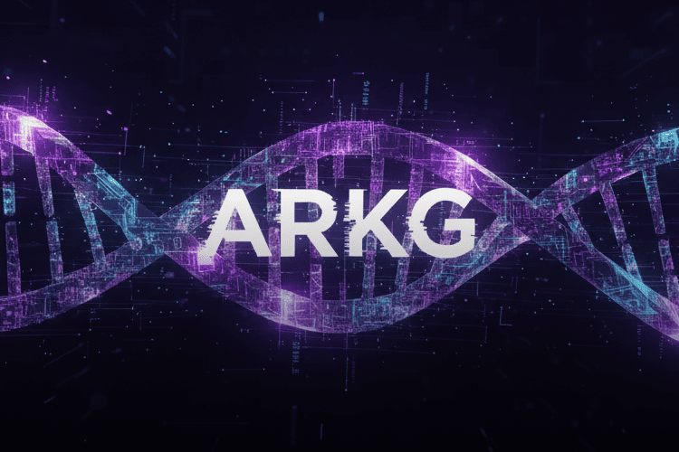 ARKG genomic ETF illustration – digital DNA double helix in purple and cyan with ARKG label.
