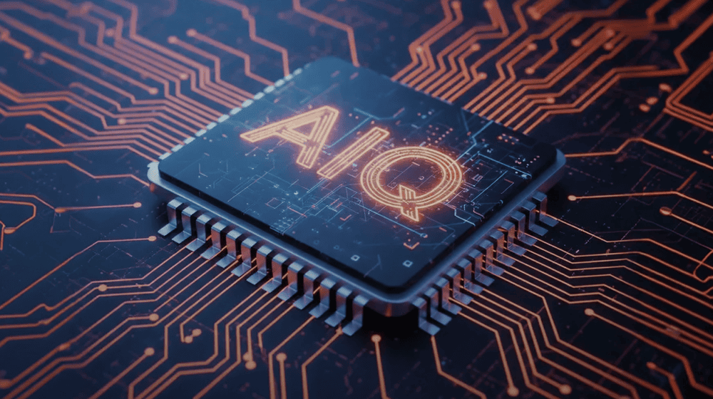 AIQ AI & Technology ETF illustration – microchip with glowing AIQ label on a circuit board.
