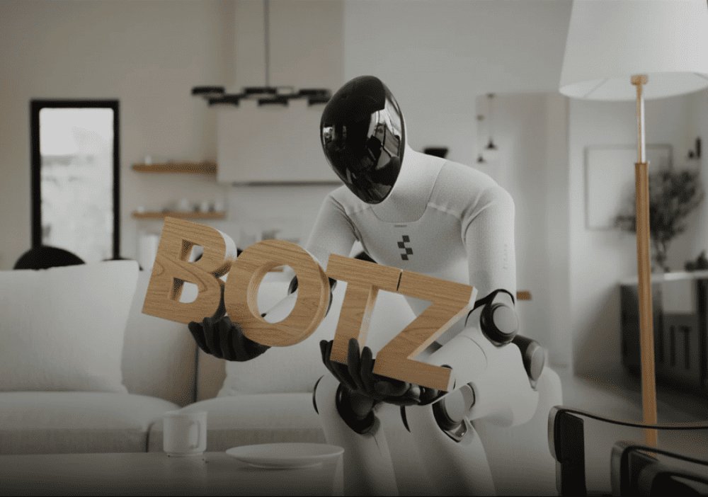 BOTZ robotics ETF illustration – humanoid robot in a living room holding wooden letters that spell BOTZ.