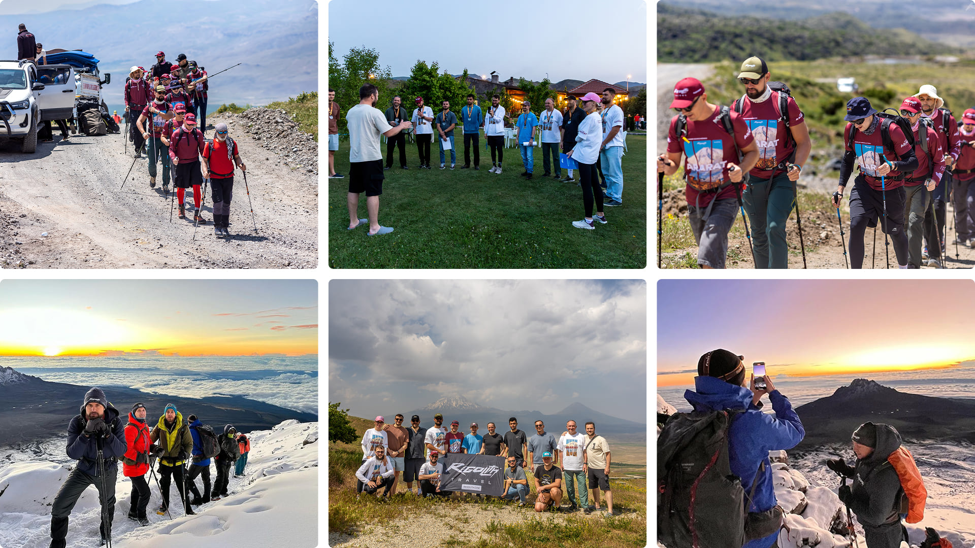 Collage from the Regolith Travel Mount Ararat expedition, summer 2025 – the group on the trail, at base camp, and on the summit.