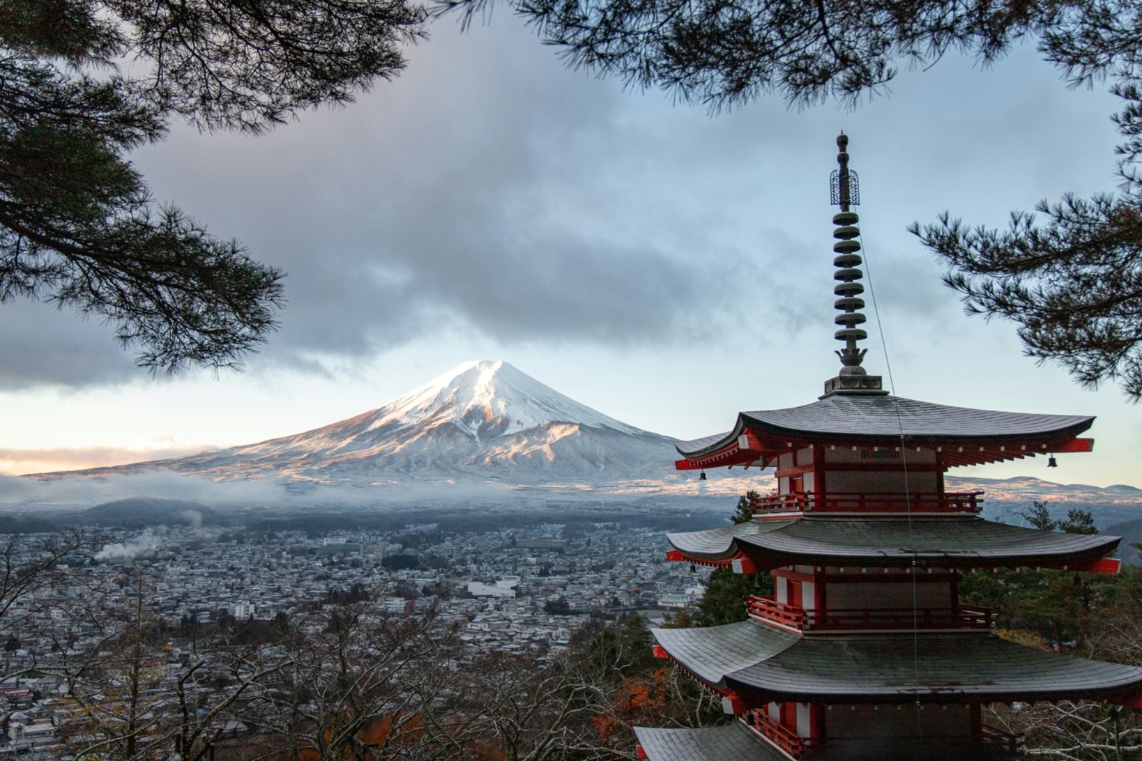 Mount Fuji and the Chureito Pagoda at sunset – a classic view of Japan.