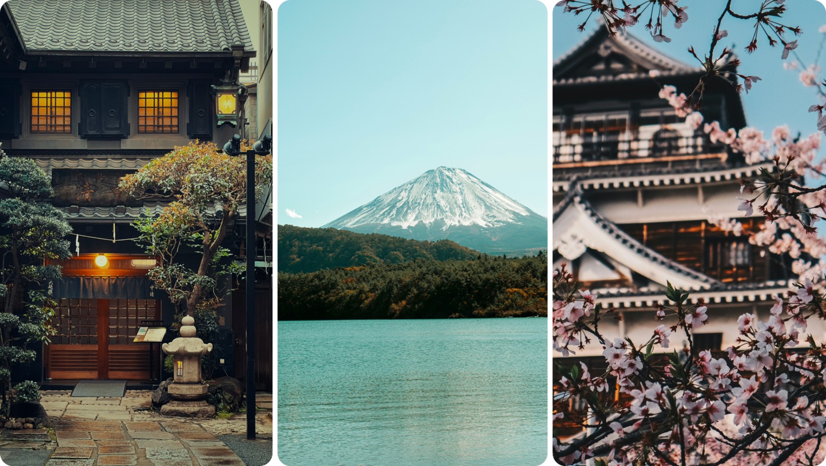 Three views of Japan: a traditional alley, Mount Fuji over a lake, and a Japanese castle framed by cherry blossoms.
