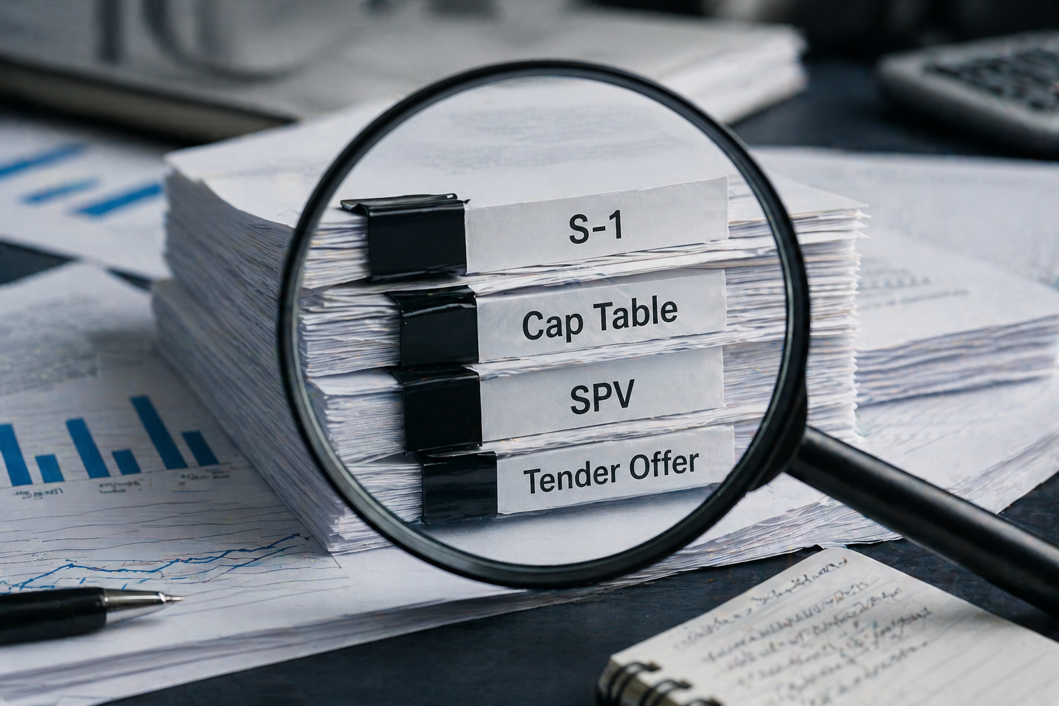 Stack of documents labeled S-1, Cap Table, SPV, Tender Offer under a magnifying glass – the core terms of Pre-IPO.
