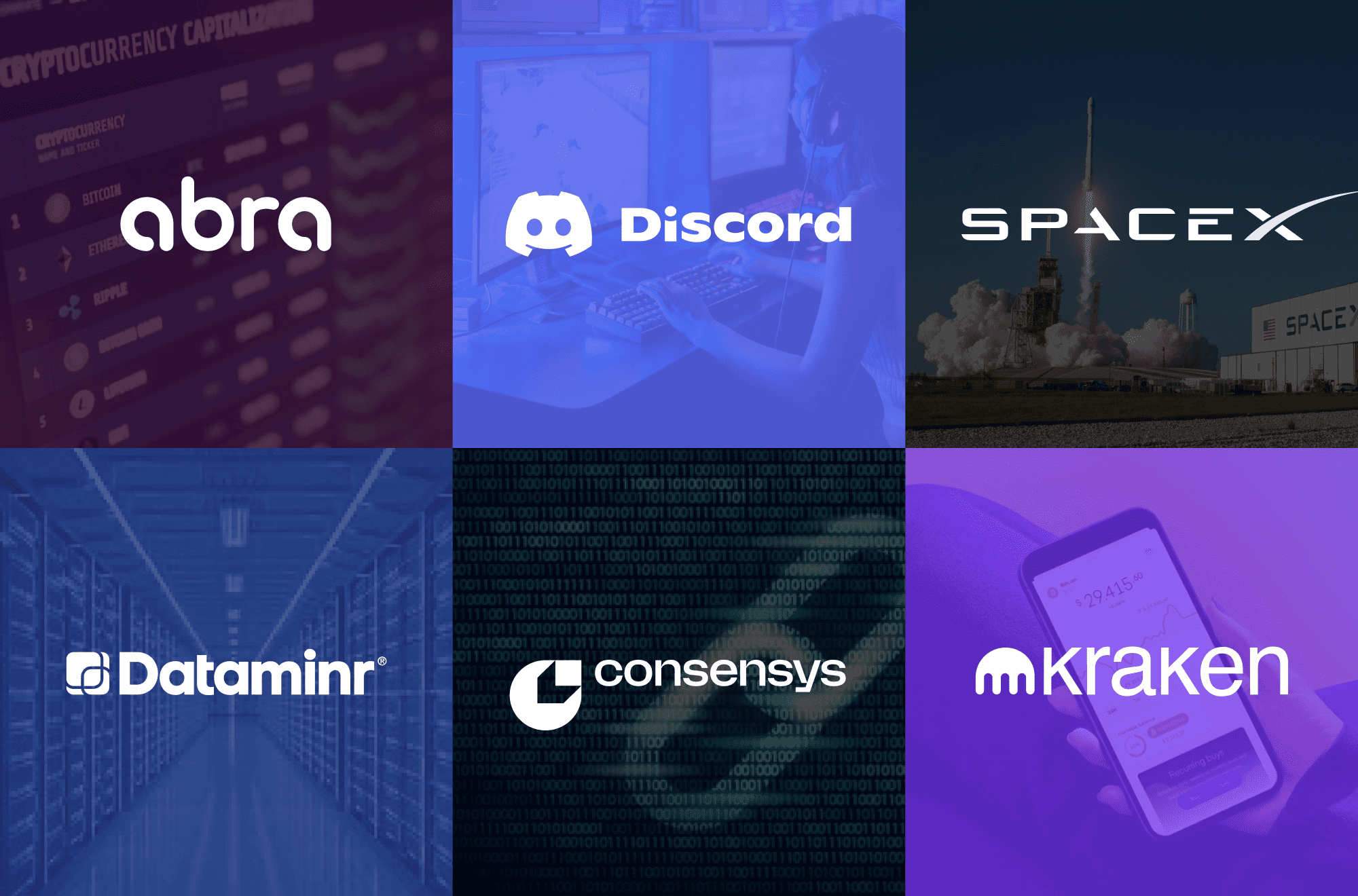 Collage of Regolith Pre-IPO companies: Abra, Discord, SpaceX, Dataminr, Consensys, Kraken.