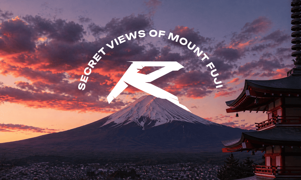 Постер Regolith Travel «Secret Views of Mount Fuji» – закатная Фудзи с японской пагодой.