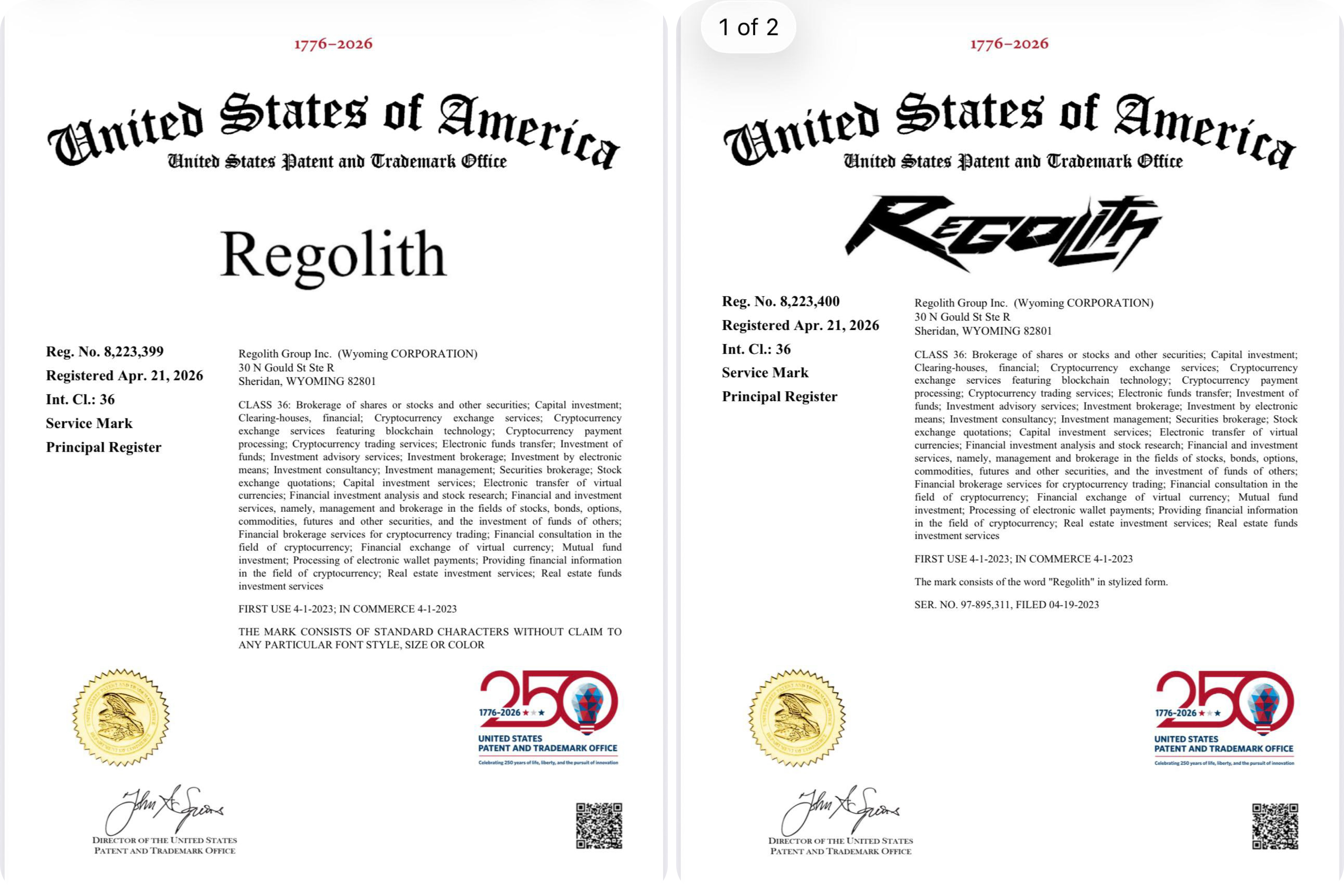 Два сертификата USPTO о регистрации торговой марки Regolith от 21 апреля 2026: текстовая марка и стилизованный логотип, класс 36 (финансовые услуги).