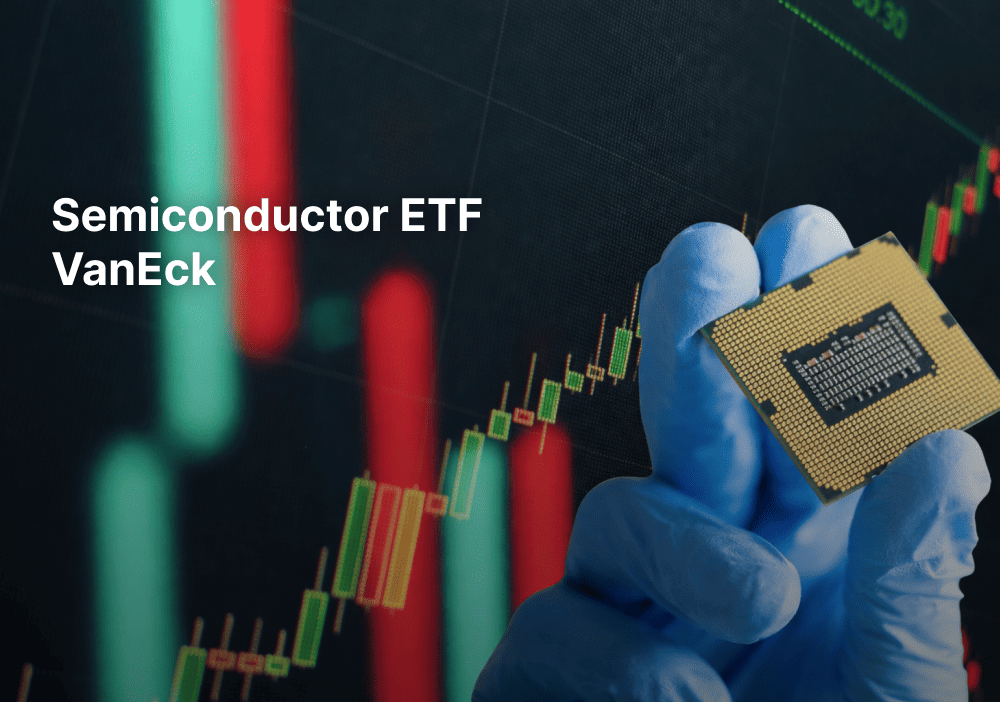 Микрочип в руке на фоне биржевого графика – иллюстрация ETF VanEck Semiconductor (SMH).