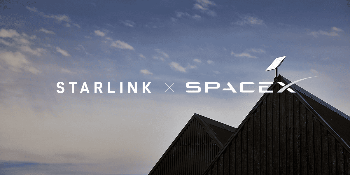 Starlink dish on a rooftop with Starlink and SpaceX logos – satellite internet from SpaceX.