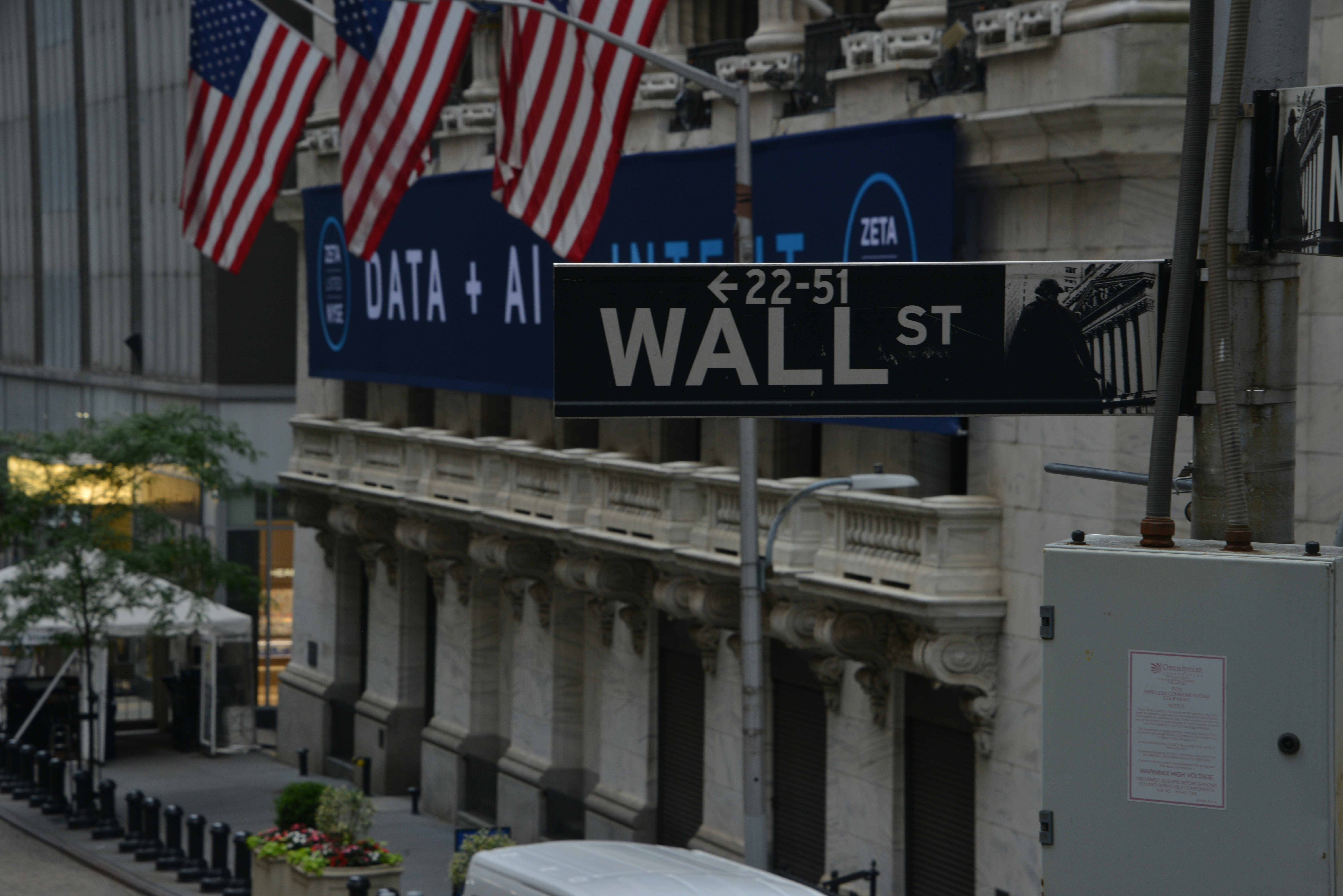 Указатель Wall Street на фоне здания Нью-Йоркской фондовой биржи и американских флагов