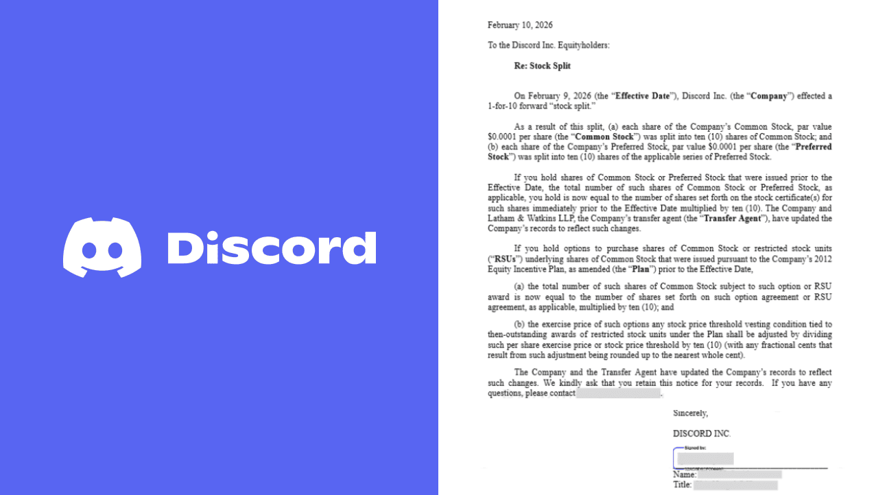 Discord Inc.'s official notice of the 1-for-10 forward stock split, dated February 10, 2026.