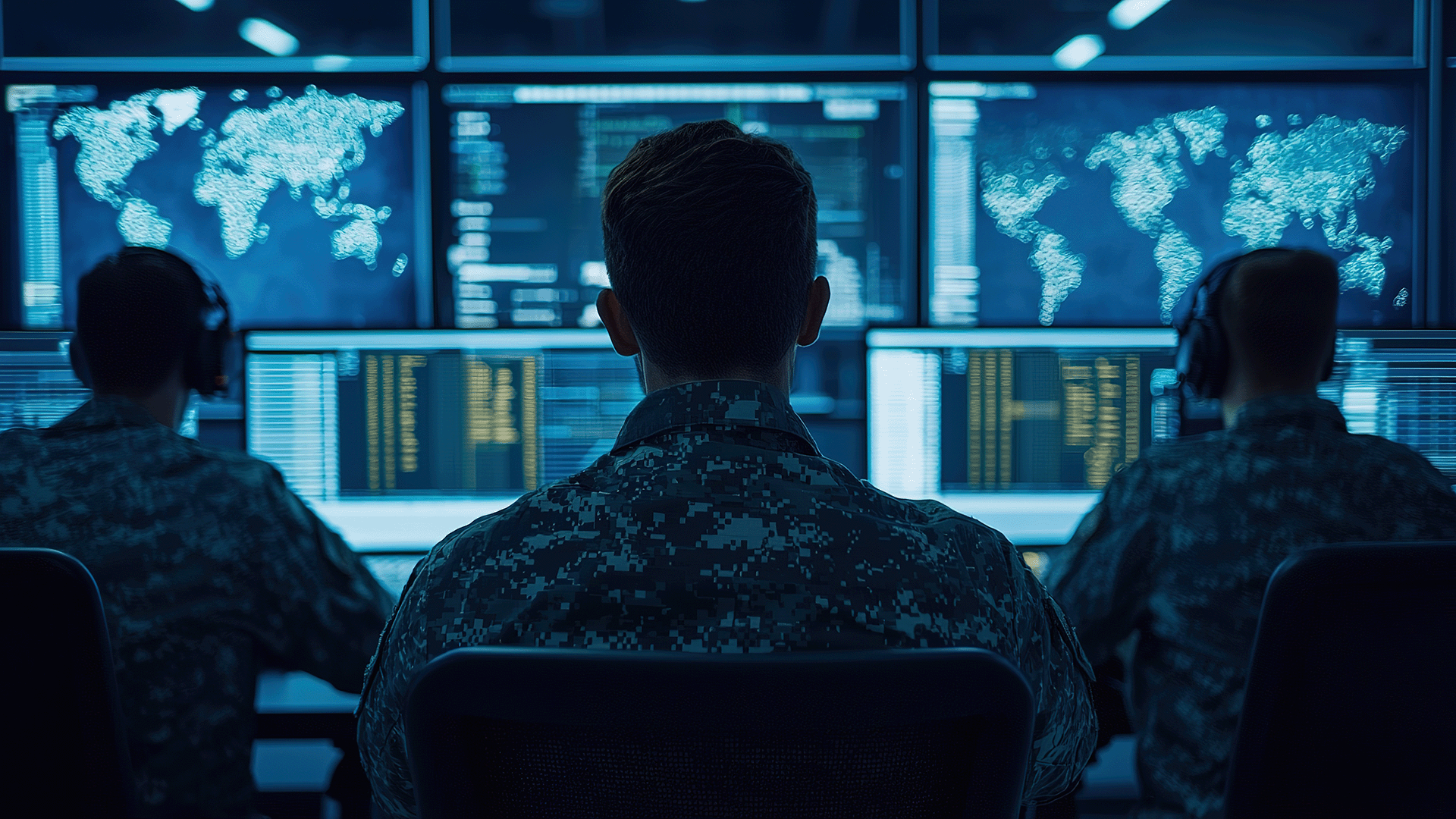 Military operators in a command center with screens showing operational data and world maps. Source: Dataminr (official website).