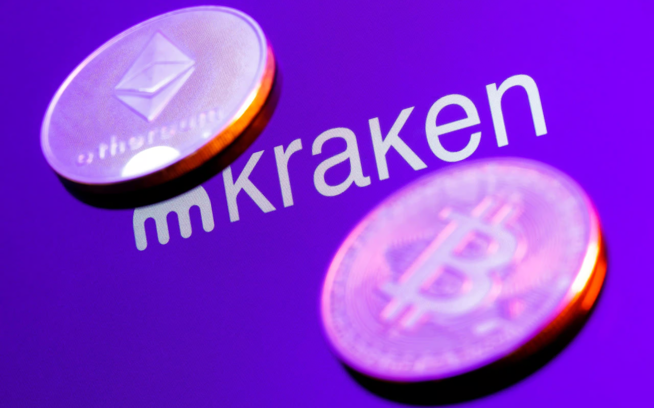 The Kraken logo on a purple background with Ethereum and Bitcoin coins.