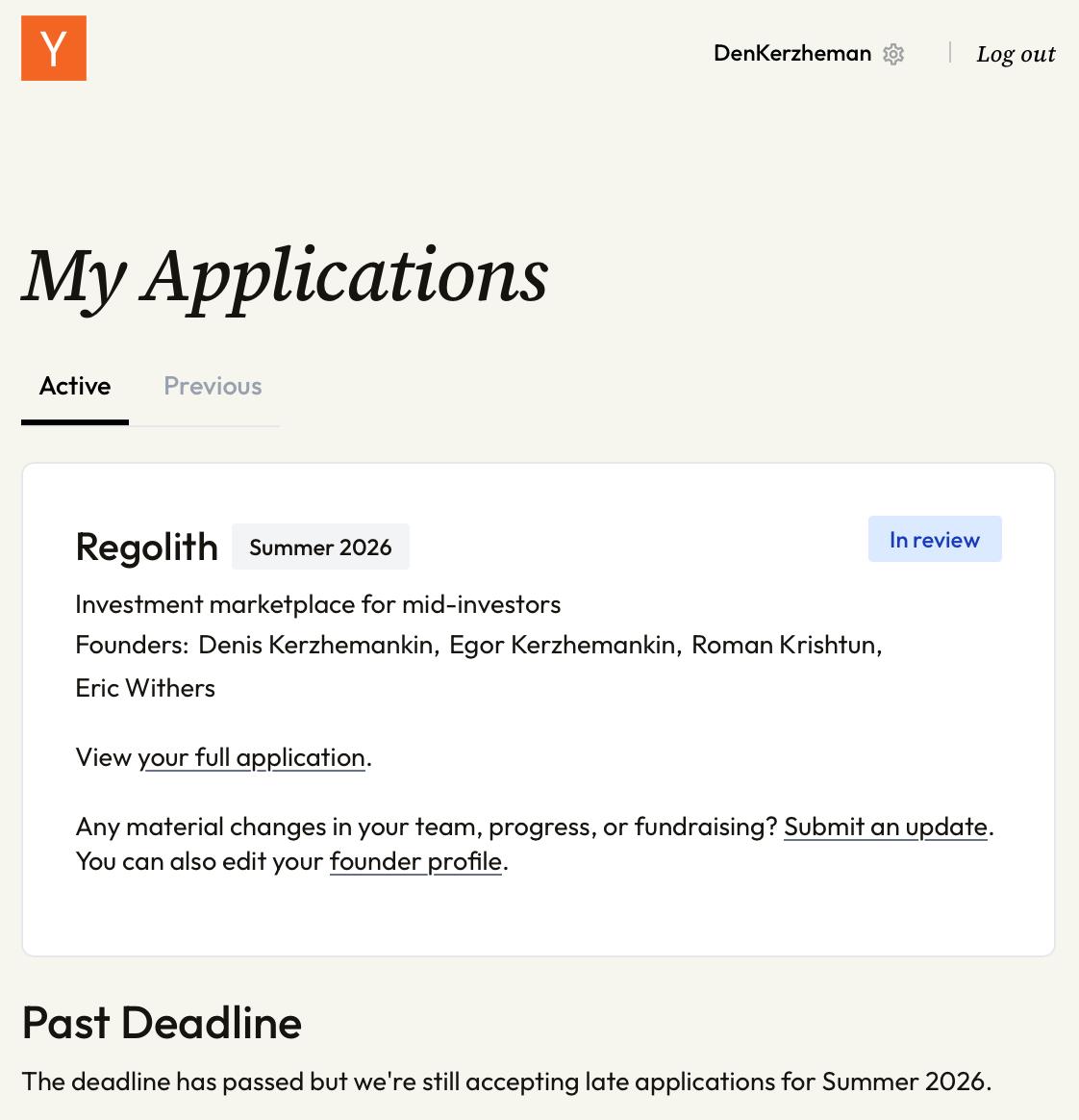 Regolith's Y Combinator application (Summer 2026), in review.