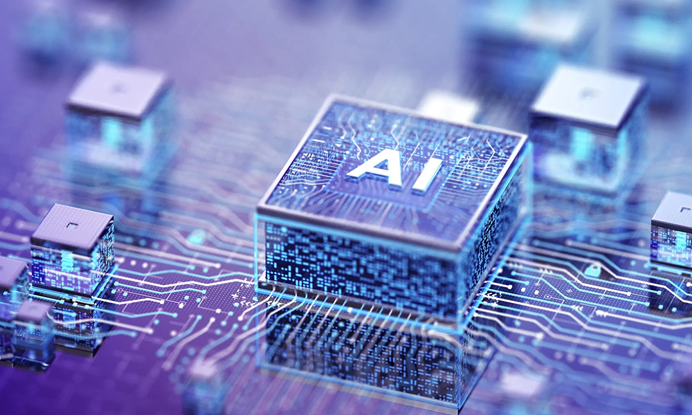 Микрочип с надписью AI среди процессоров на печатной плате