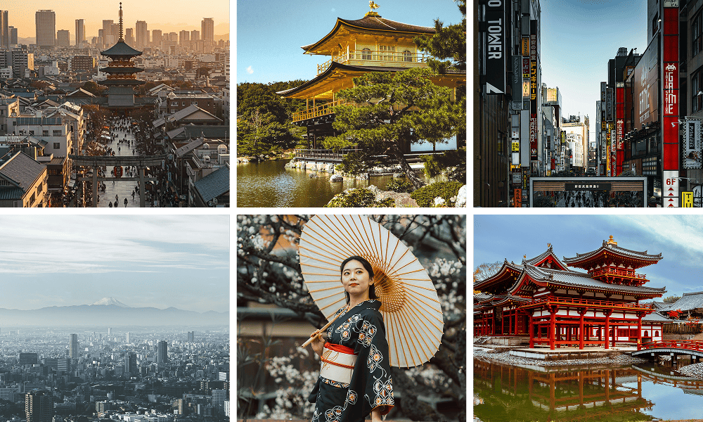 Collage of Japan: a pagoda over an old district, the Golden Pavilion in Kyoto, Tokyo's neon streets, Mount Fuji over the city, a woman in a kimono and a traditional temple.