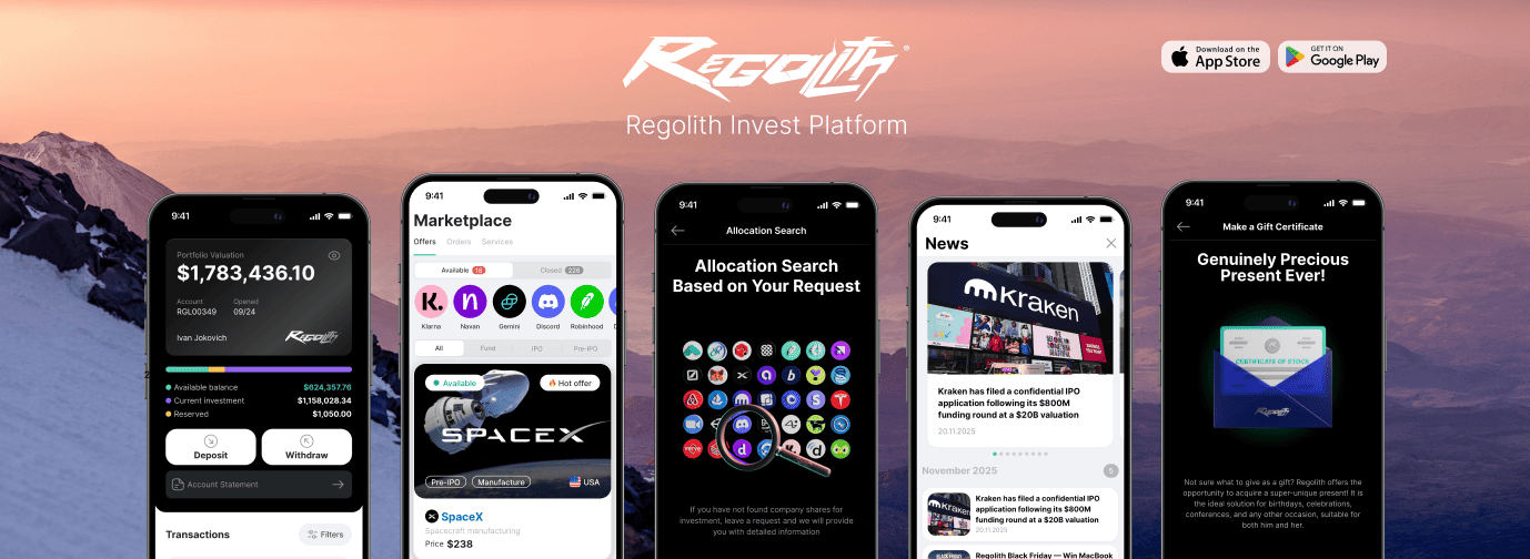 Промобаннер приложения Regolith с пятью экранами: портфель, маркетплейс, поиск аллокаций, новости и подарочные сертификаты