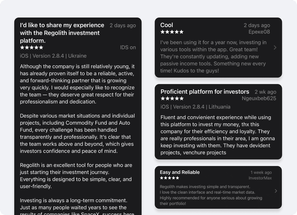 Коллаж англоязычных отзывов о приложении Regolith в App Store