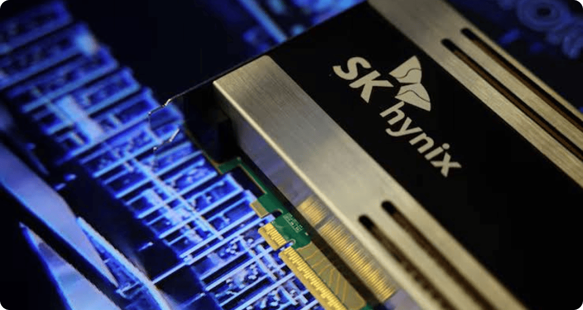Close-up of an SK hynix memory module against server hardware
