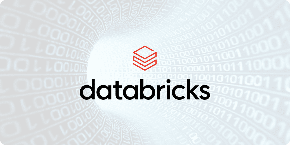 The Databricks logo on a light background with a digital tunnel of binary code.
