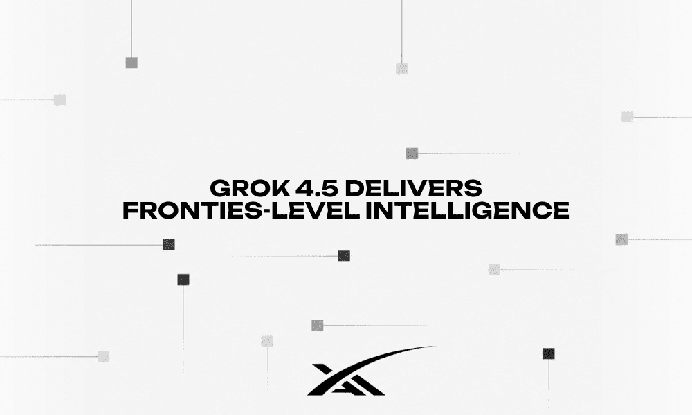 SpaceXAI graphic featuring the text “Grok 4.5 delivers frontier-level intelligence” and the company logo on a light background.