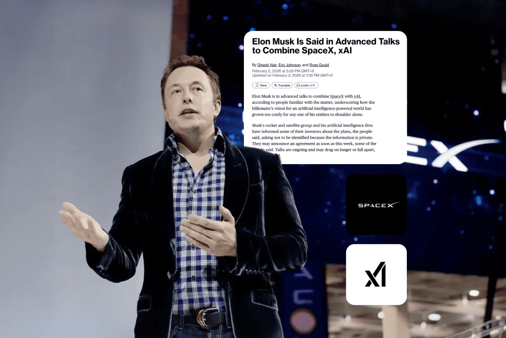 Elon Musk speaking in front of a SpaceX backdrop, alongside the SpaceX and xAI logos and a headline about the companies’ integration.