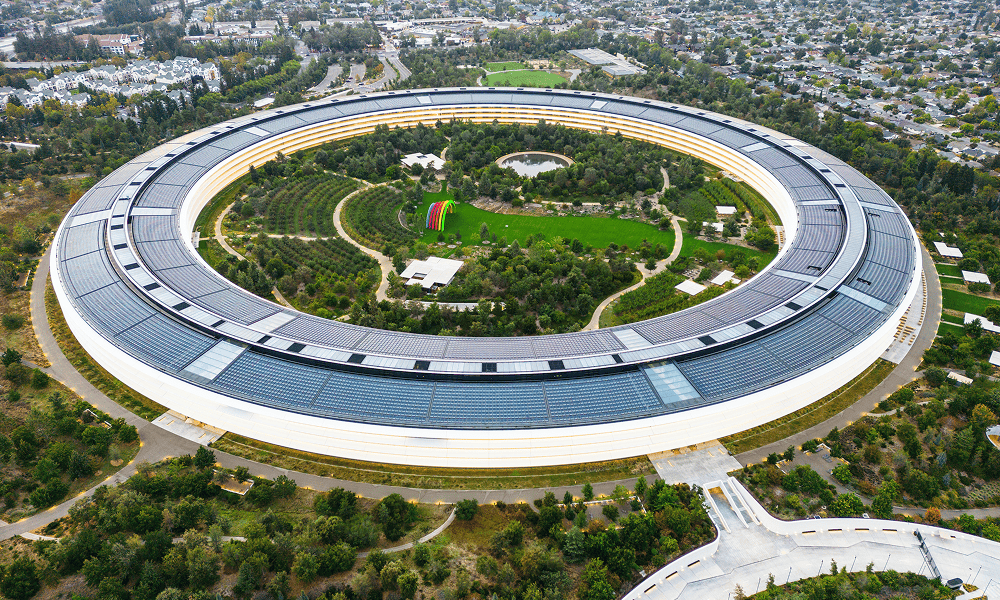 Apple Park in Silicon Valley, Apple’s ring-shaped headquarters with a green courtyard.