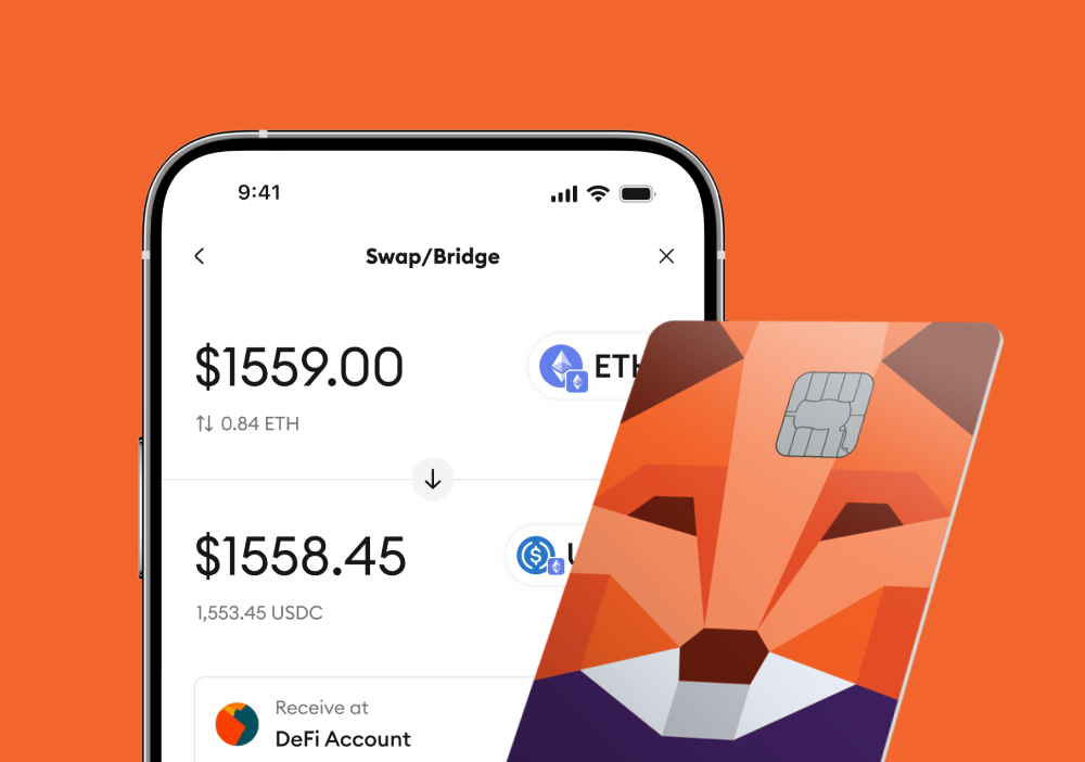 MetaMask Swap/Bridge interface on a smartphone and a MetaMask-branded payment card featuring the iconic fox