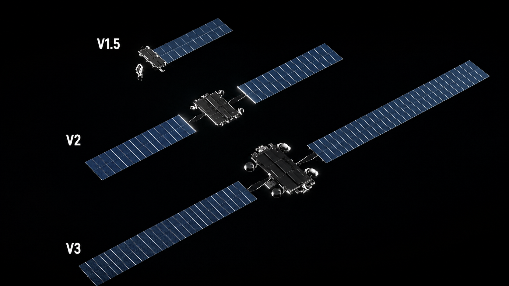 Спутники Starlink трех поколений: V1.5, V2 и V3, показанные в сравнении по размеру и конструкции.