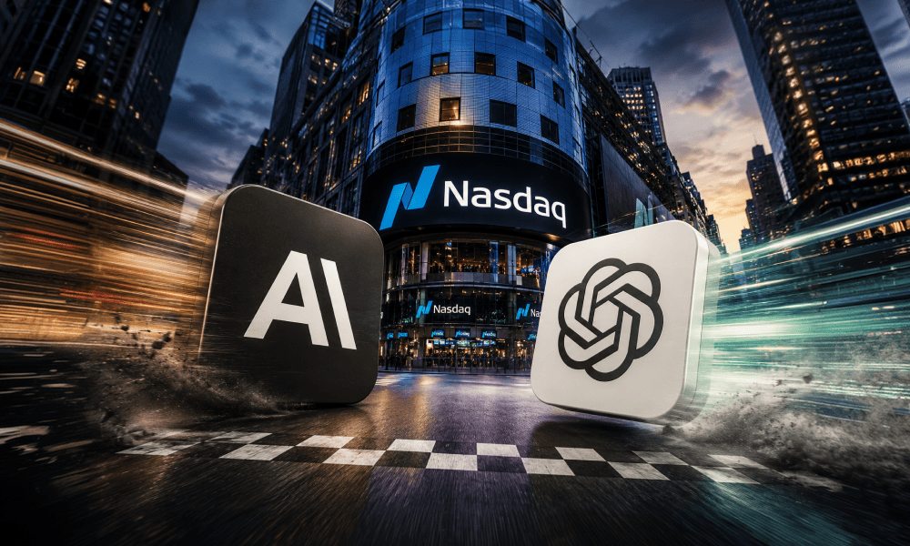 Фасад Nasdaq с логотипами Anthropic и OpenAI на переднем плане, оформленными как участники гонки за выход на биржу.