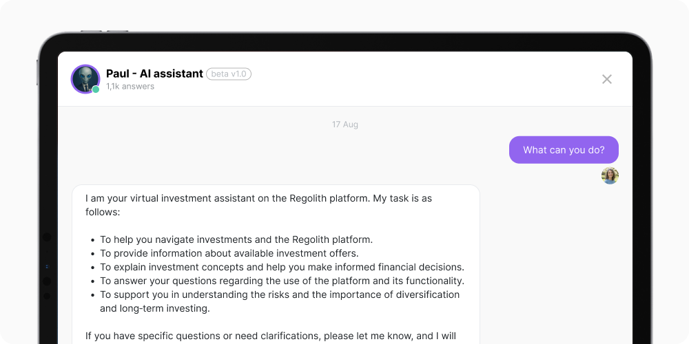 Paul AI assistant interface in the Regolith web platform, showing a conversation about its features and investment support.