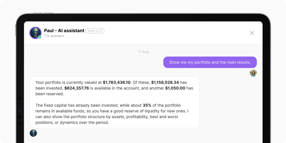The Paul AI assistant interface showing an investment portfolio overview, available funds, and key performance results.