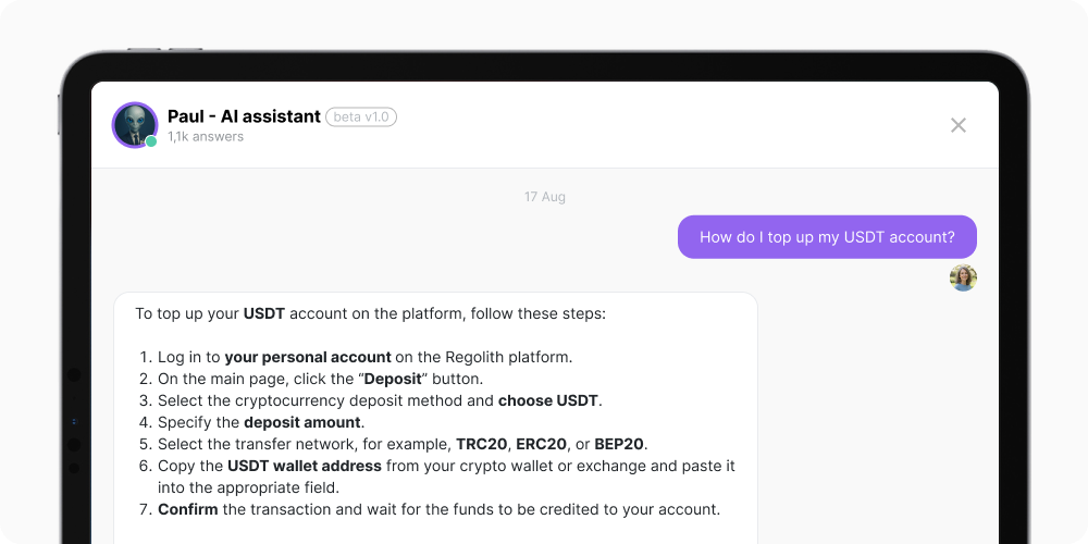 The Paul AI assistant interface showing step-by-step instructions for funding an account with USDT on the Regolith platform.
