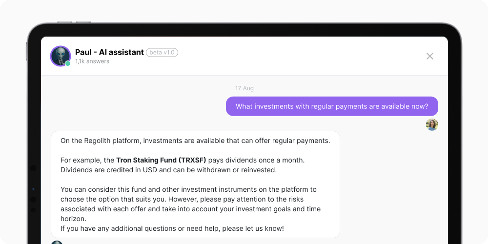 The Paul AI assistant interface featuring a selection of Regolith investments with regular payouts.