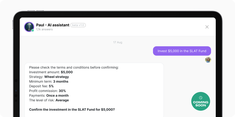 The Paul AI assistant interface showing a $5,000 investment example in the SLAT Fund and confirmation of the transaction terms.