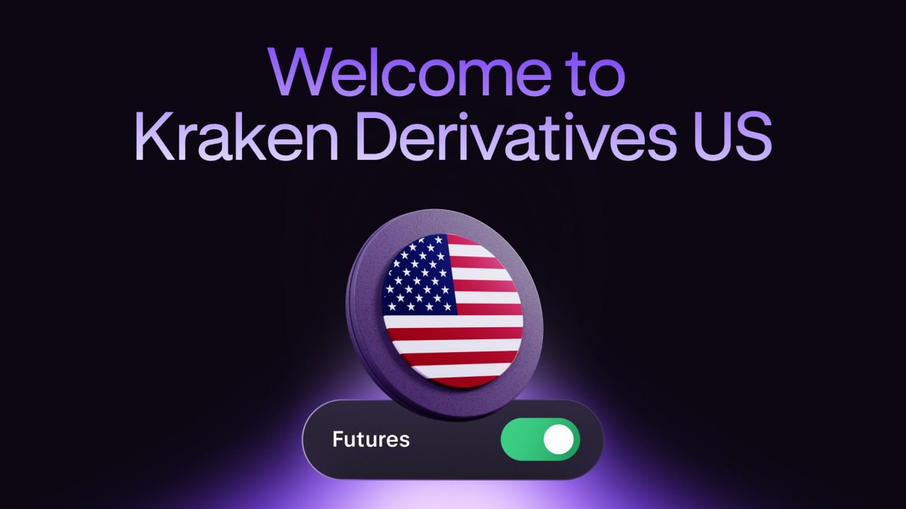 Kraken Derivatives US promotional image featuring U.S. symbols and a futures trading toggle.
