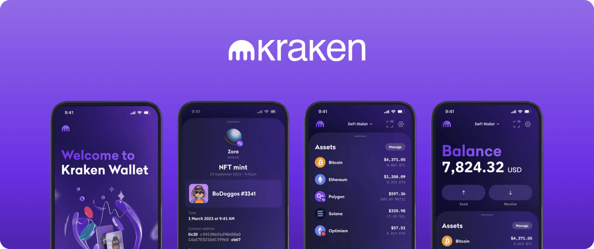 Kraken Wallet interface featuring screens for crypto assets, NFTs, and the user’s balance.