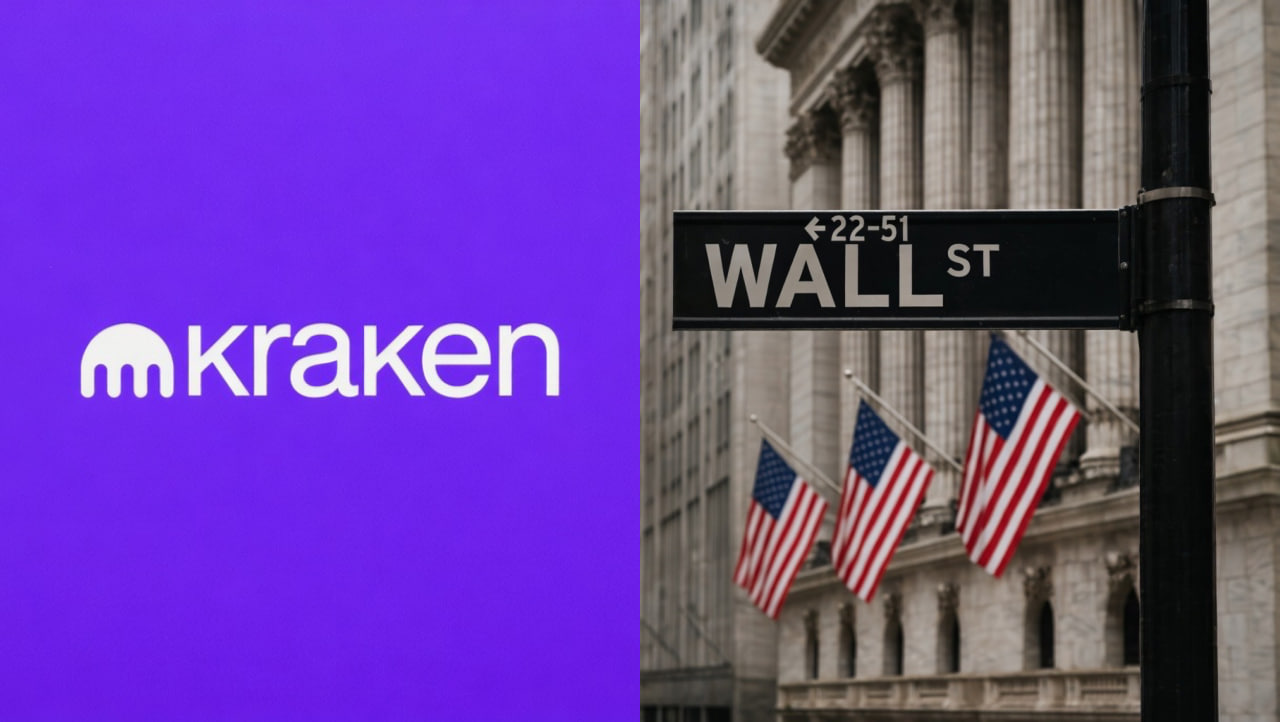 Kraken logo set against Wall Street and the New York Stock Exchange building.