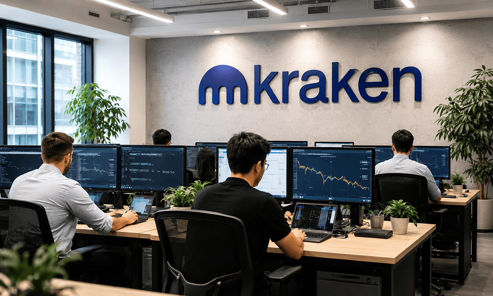 Сотрудники Kraken работают за компьютерами в офисе компании.