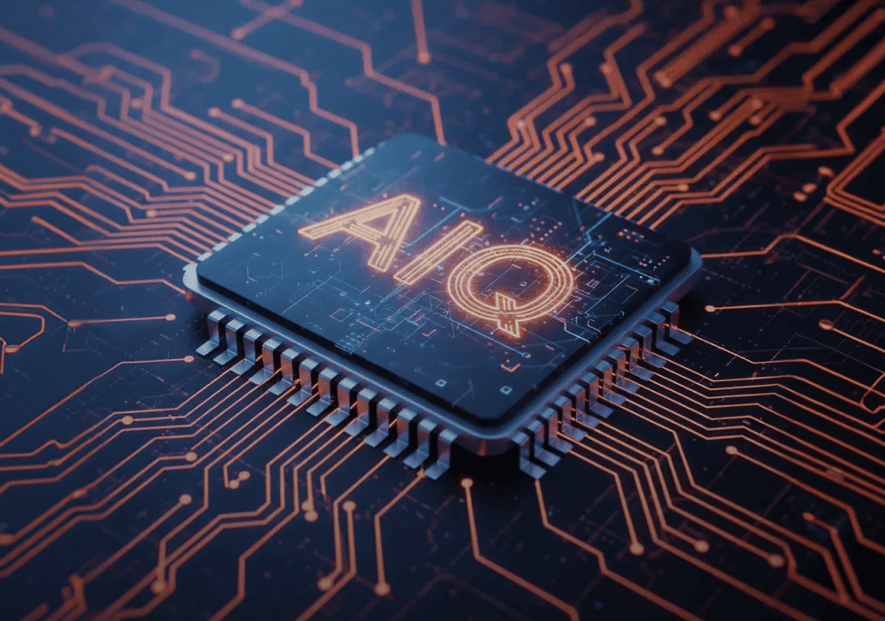 Микрочип с логотипом AIQ на фоне электронной платы, символизирующий инвестиции фонда в искусственный интеллект и технологии.