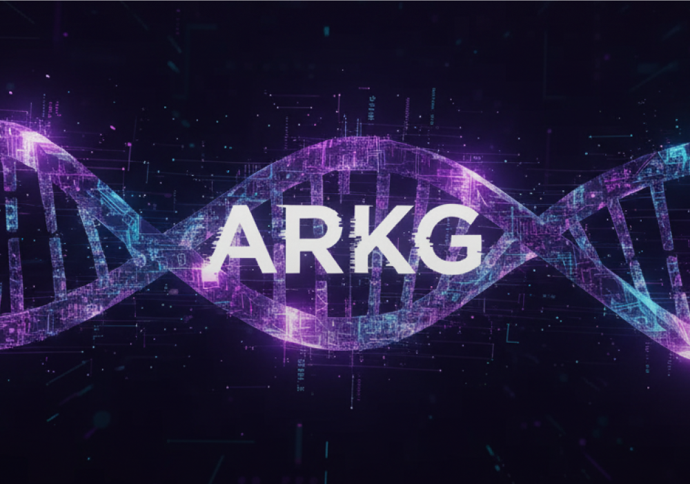 Логотип ARKG на фоне стилизованной ДНК, символизирующей инвестиции фонда в геномику и биотехнологии.