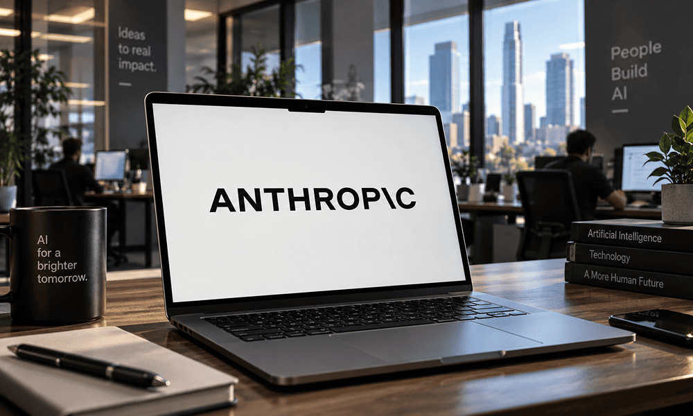 Ноутбук с логотипом Anthropic в современном офисе AI-компании.