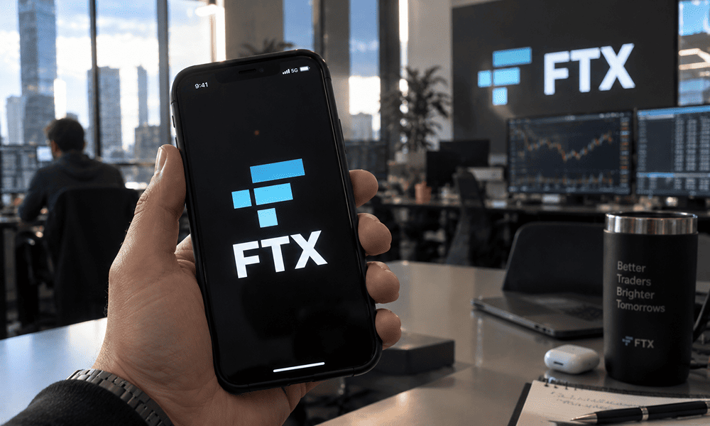 Логотип FTX на экране смартфона в офисе криптобиржи на фоне торговых мониторов.