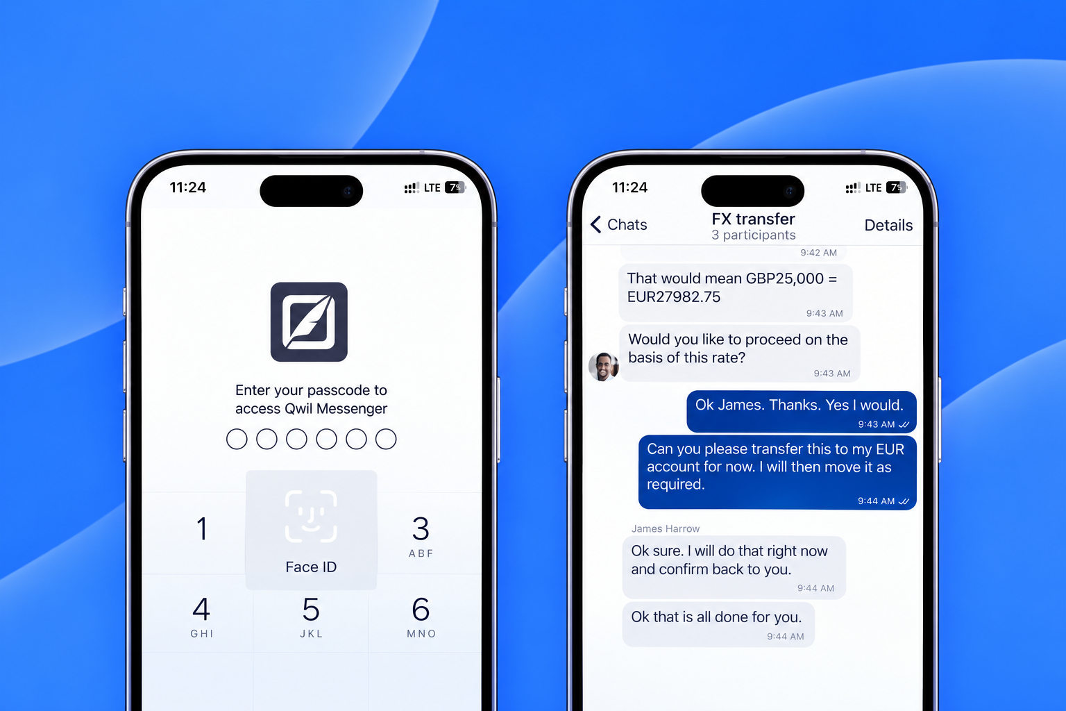 Интерфейс Qwil Messenger на двух смартфонах.