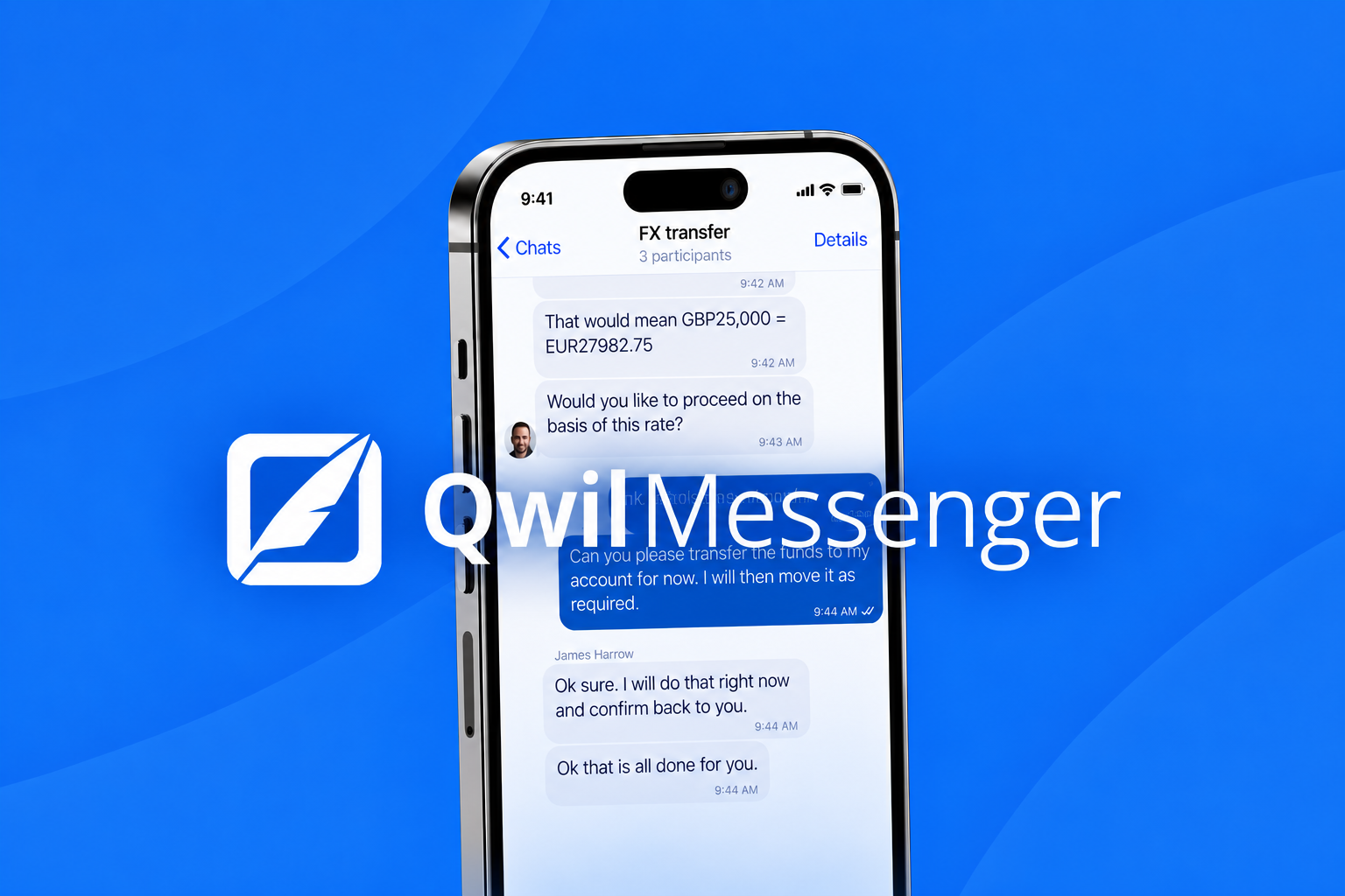 Qwil Messenger – смартфон с интерфейсом защищённого корпоративного чата и логотипом сервиса