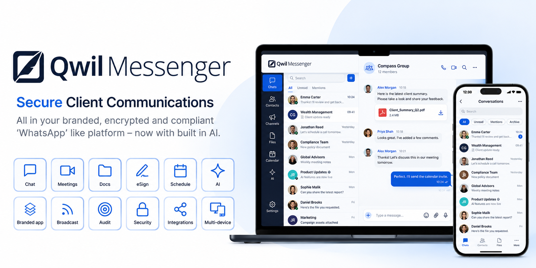 Qwil Messenger для защищенной клиентской коммуникации с функциями платформы и интерфейсом на компьютере и смартфоне.