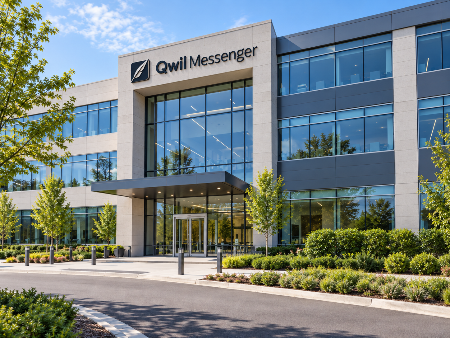 Офисное здание Qwil Messenger с фирменной вывеской компании.