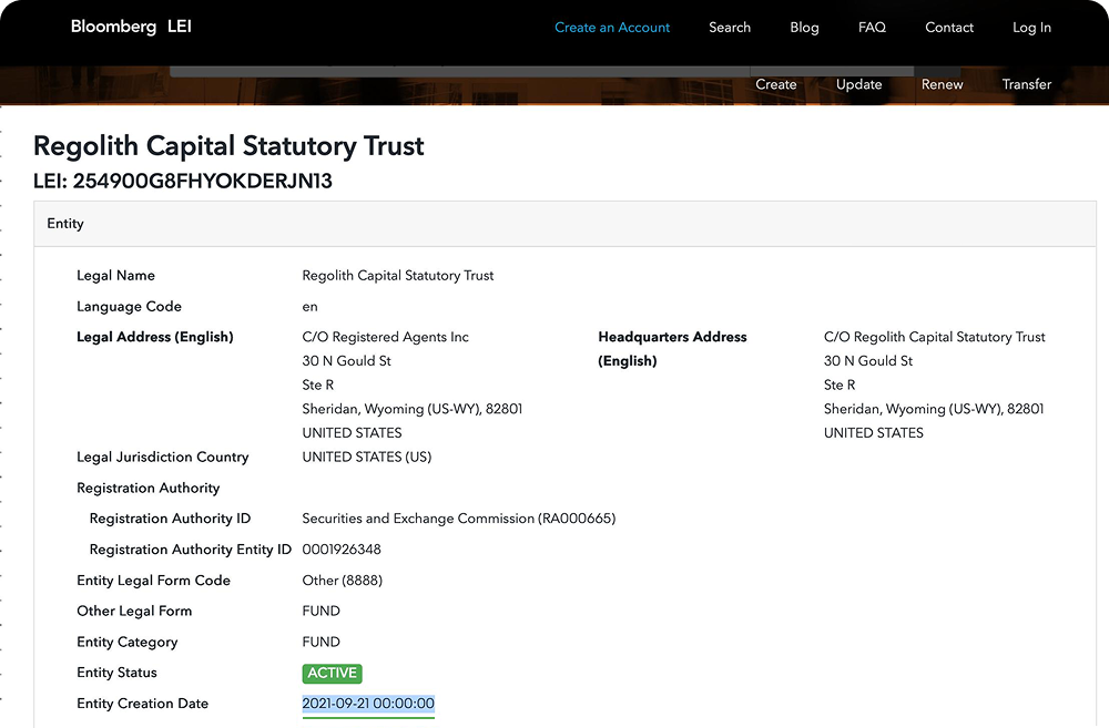 Карточка Regolith Capital Statutory Trust в реестре Bloomberg LEI с данными компании и датой создания 21 сентября 2021 года.