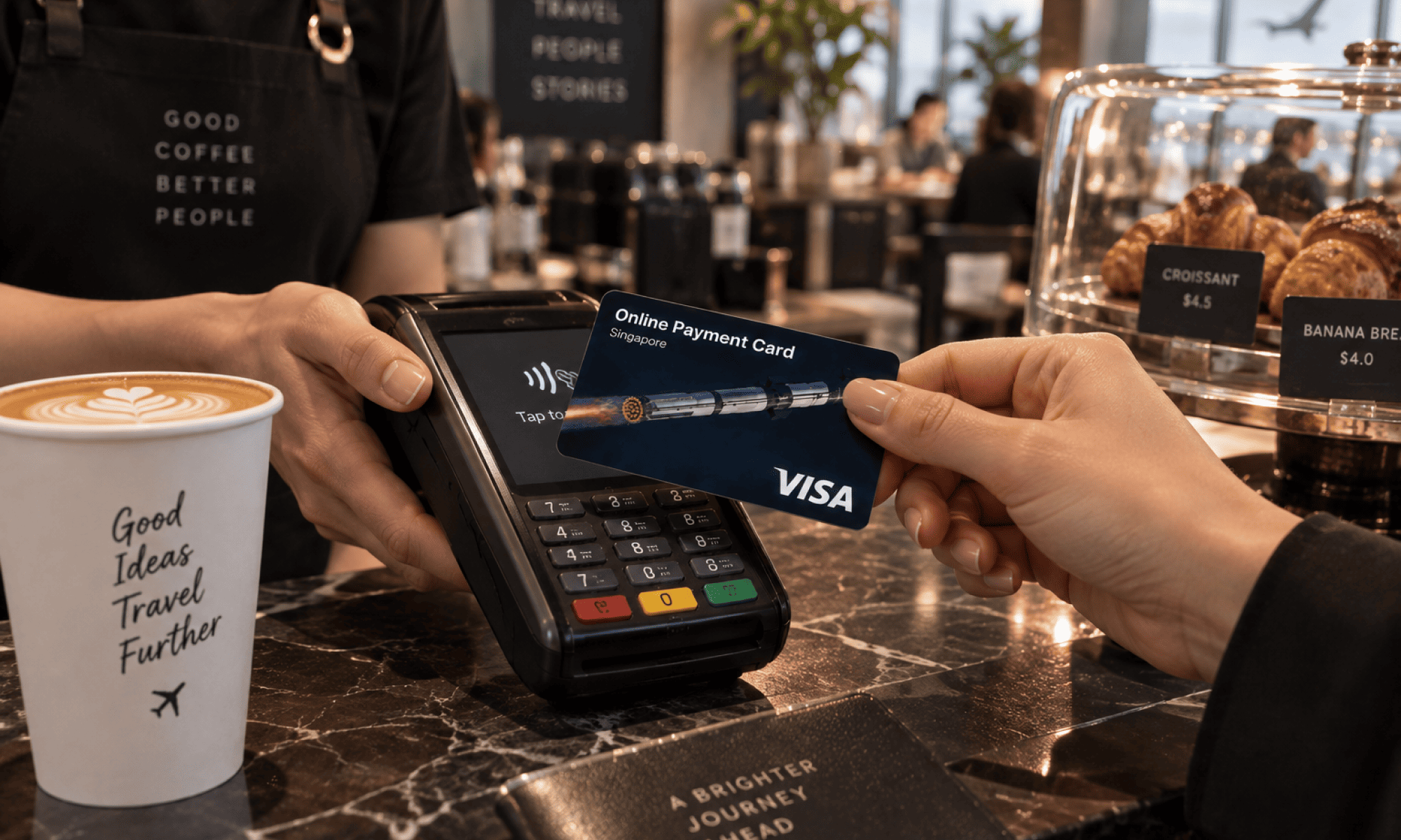 Оплата картой Regolith Online Payment Card Visa в кафе через POS-терминал.