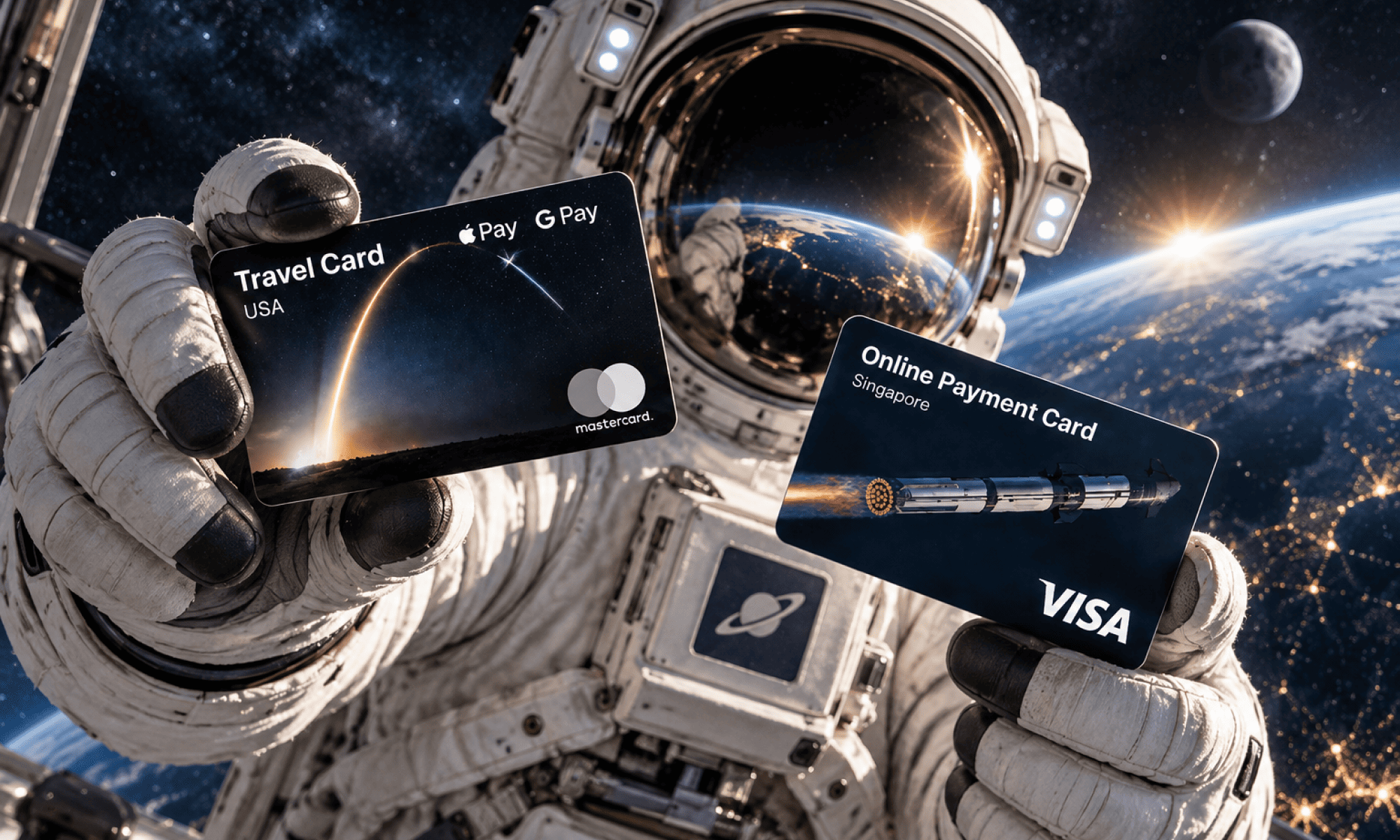 Regolith Travel Card Mastercard и Online Payment Card Visa на фоне космоса.